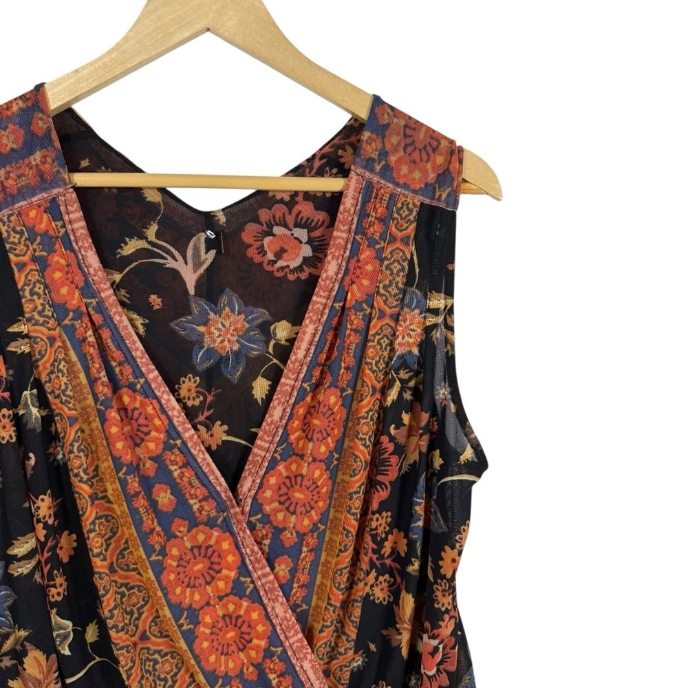 Free People Havana Floral Print Sleeveless Surplice Mesh Top Black/Orange M - Picture 7 of 14
